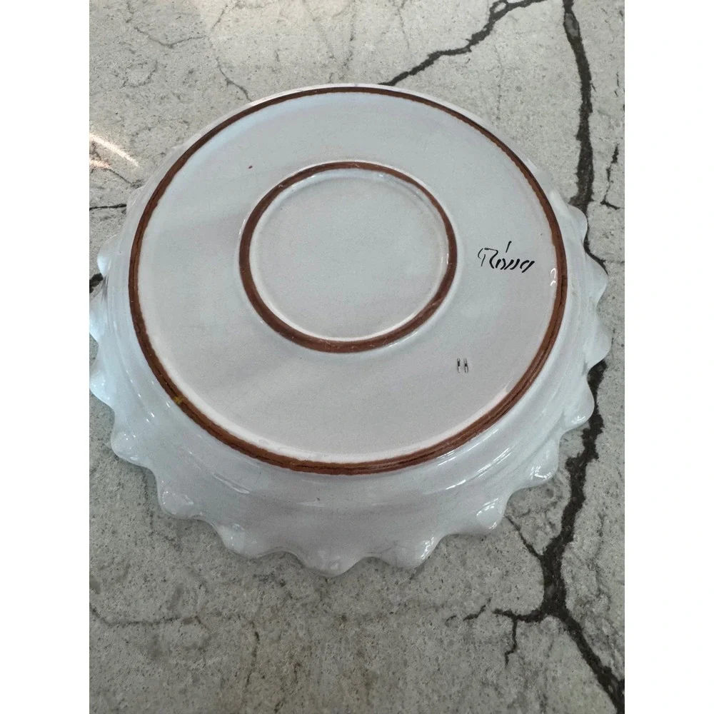 Roma Italy Hand Painted Ceramic Pie Dish Scalloped Blue Cherry Tart Pan Vintage